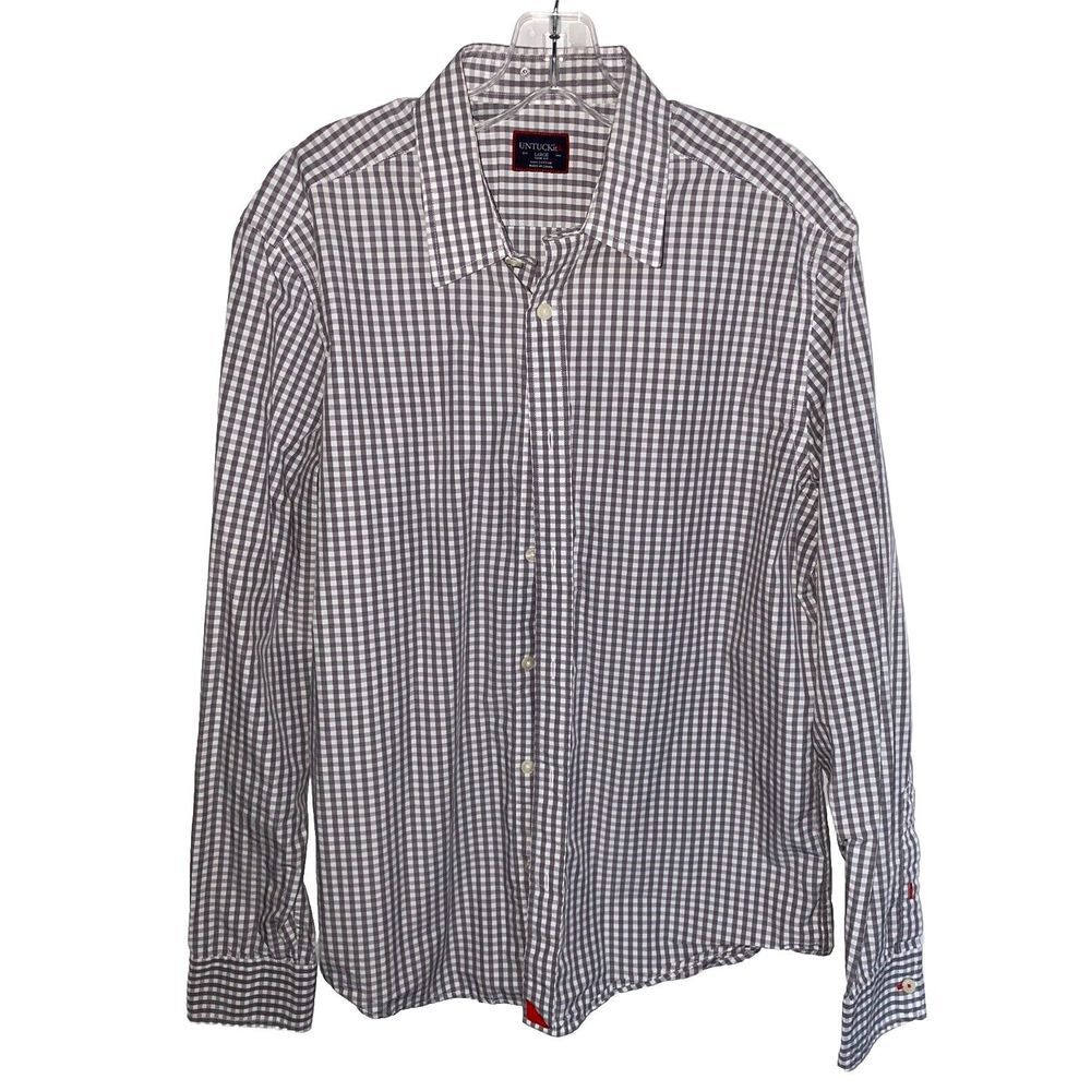 UNTUCKit Dress Shirt Mens Large Slim Fit Taupe White Plaid 100% Cotton Button Up